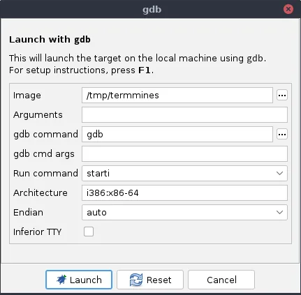 Diálogo de inicio del depurador de Ghidra con GDB, objetivo, argumentos, arquitectura y controles de lanzamiento