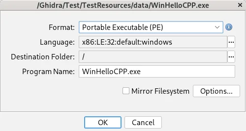 Official Ghidra import dialog recognizing a Portable Executable file