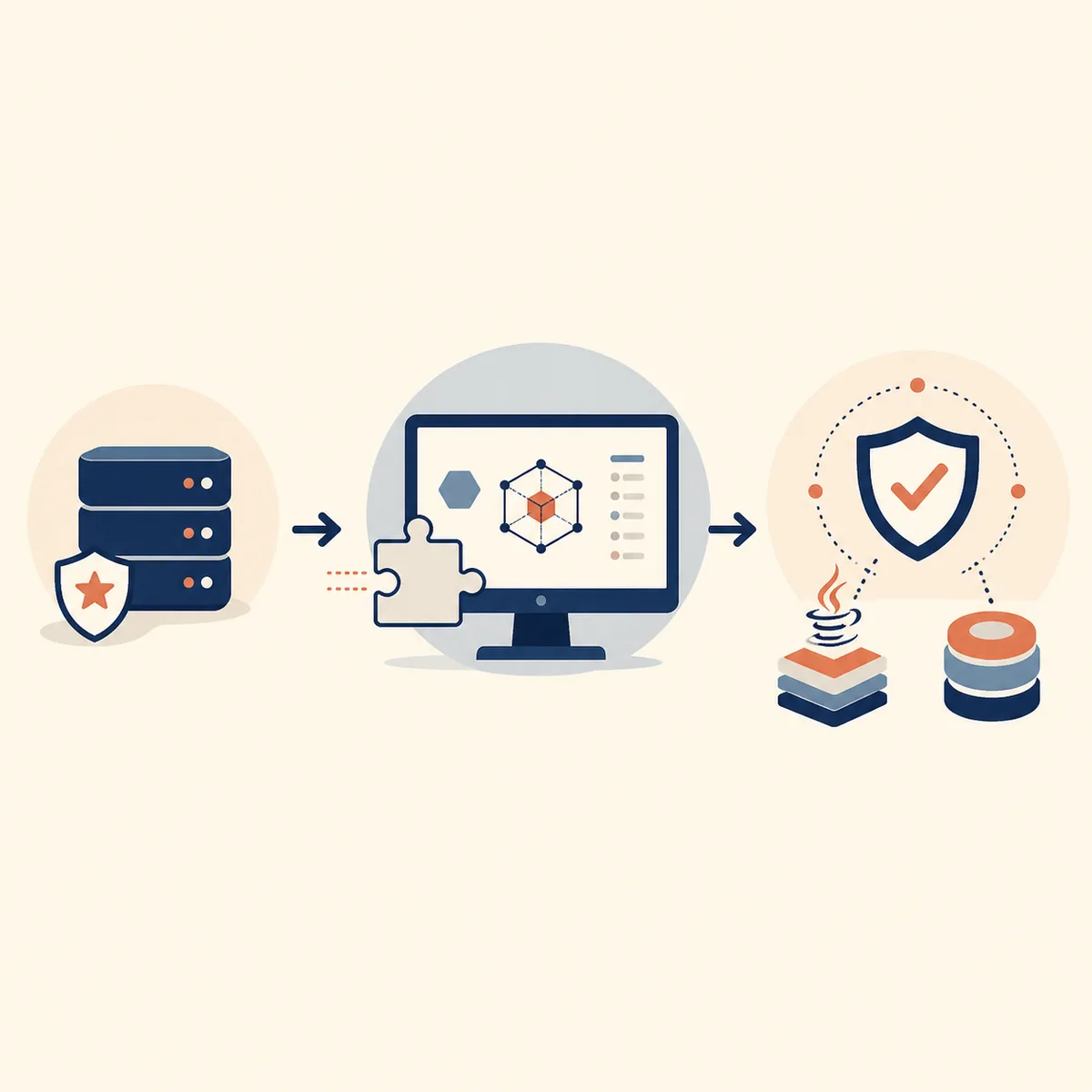 Editorial illustration of verifying a plugin source, installing an extension, and checking compatibility
