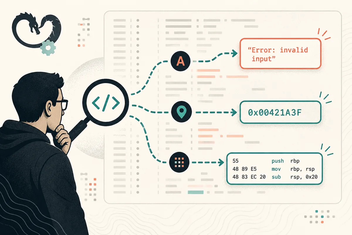 Conceptual editorial illustration of searching a Ghidra code browser for strings, addresses, and instruction patterns
